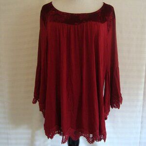Truself Long Bell Sleeve Top Blouse Velvet Neck Crochet Hem & Sleeve sz L